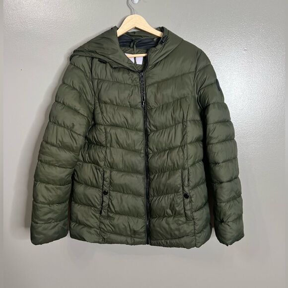 Madden Girl green puffer hooded coat size large packable - Picture 1 of 7